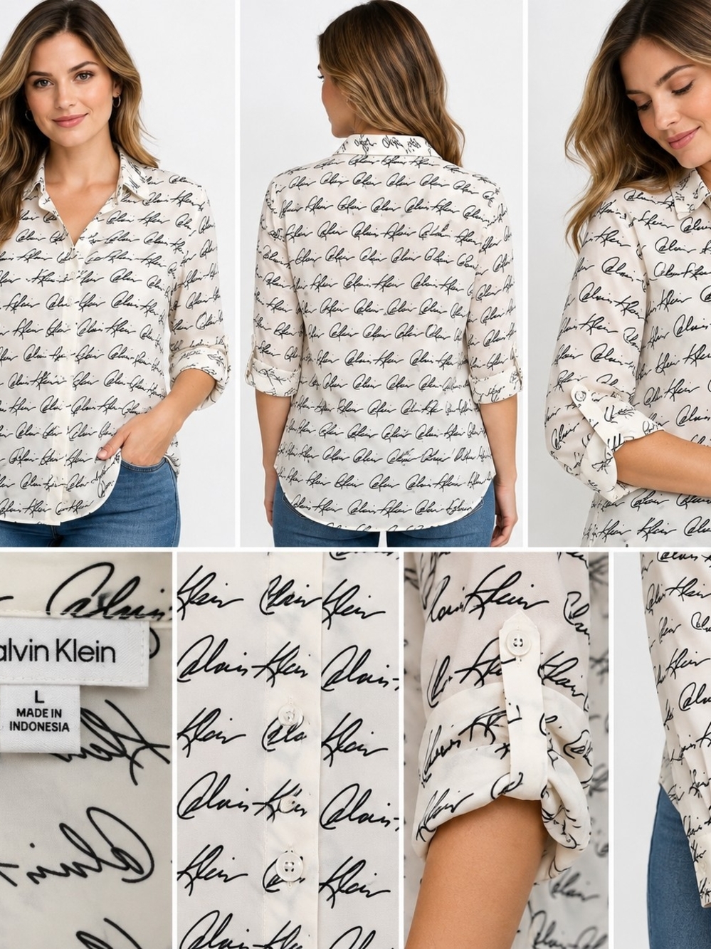 Calvin Klein Logo Print Button-Up Collared Long Sleeve White/Black Women's L